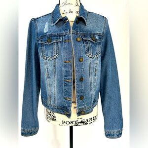 Women’s Copper Key Denim Blue Jean Jacket Medium Distressed Classic 90’s Rebel